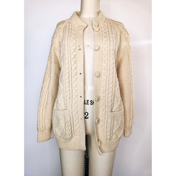 Chunky Cable Hand Knitted WOOL Sweater Cardigan w/Pockets Fisherman Ireland XS S - Picture 8 of 10